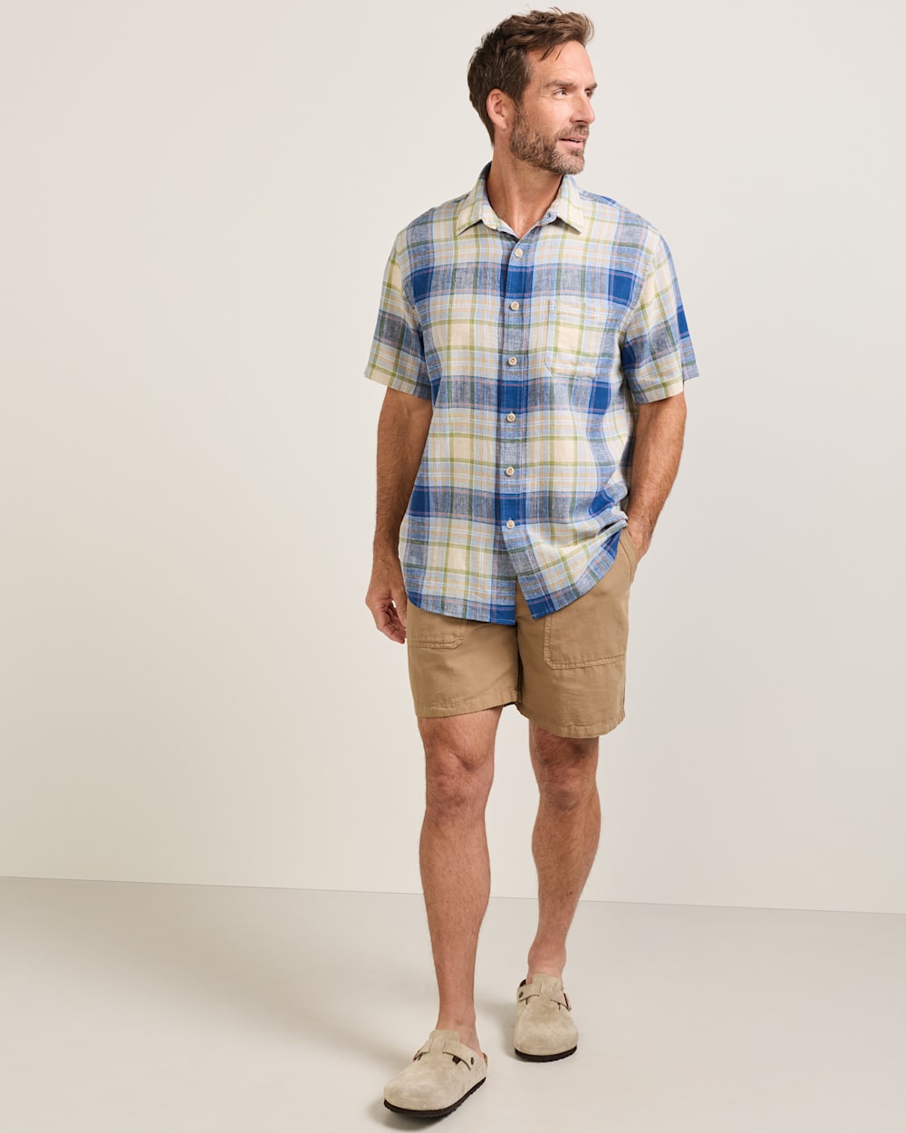 ALTERNATE VIEW OF MEN'S SHORT-SLEEVE PLAID SHORELINE LINEN SHIRT IN BLUE MULTI image number 5