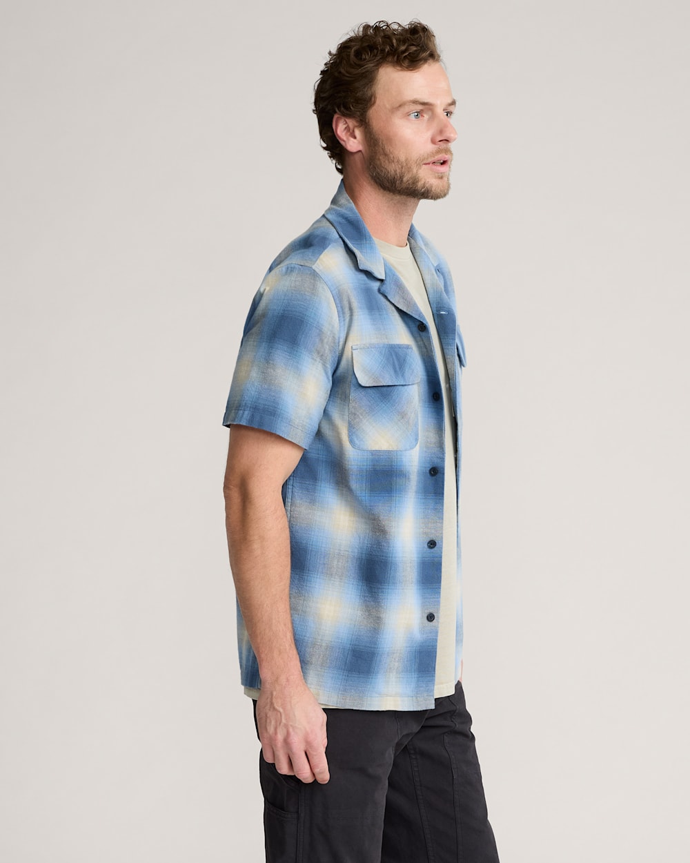 ALTERNATE VIEW OF MEN'S SHORT-SLEEVE PLAID COTTON BOARD SHIRT IN NAVY/BLUE PLAID image number 3