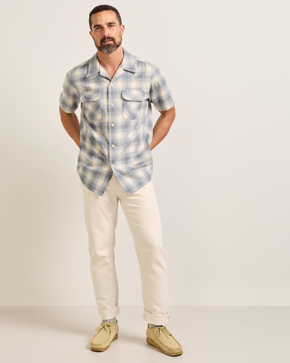 ALTERNATE VIEW OF MEN'S SHORT-SLEEVE PLAID BOARD SHIRT IN TAN/BLUE/GREY OMBRE image number 5