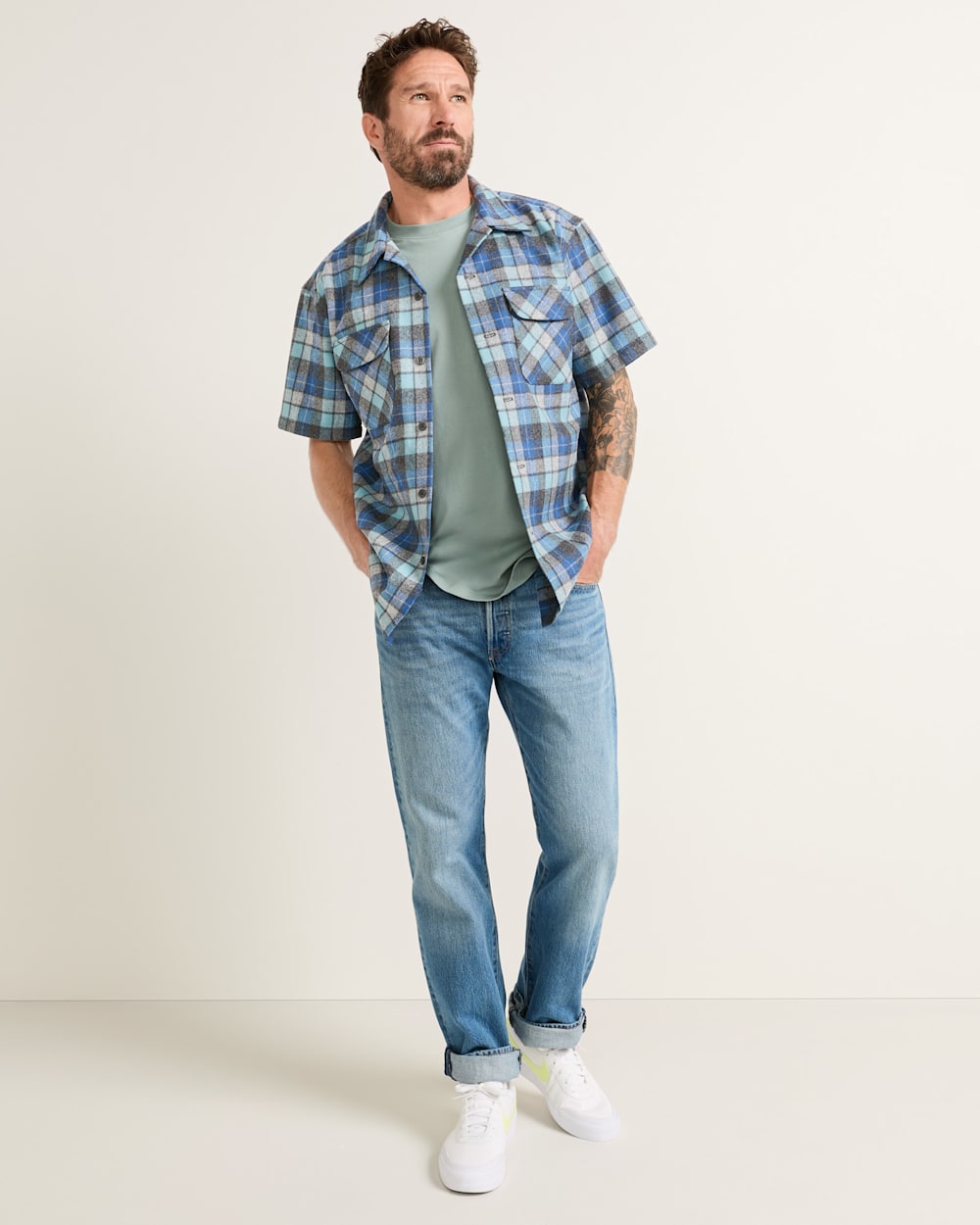 ALTERNATE VIEW OF MEN'S SHORT-SLEEVE PLAID BOARD SHIRT IN BLUE ORIGINAL SURF PLAID image number 5