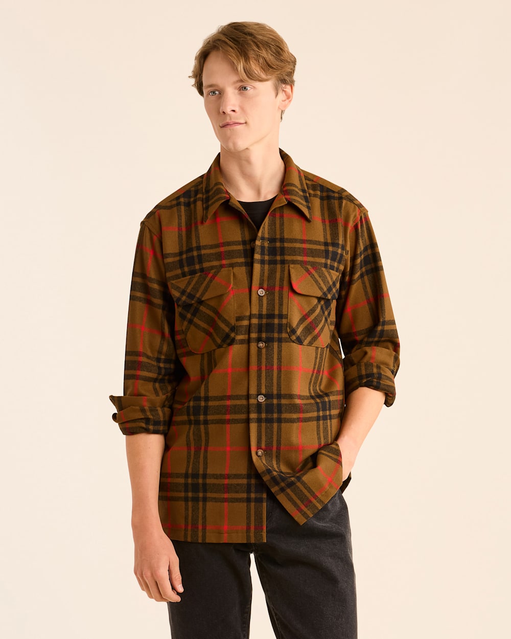 MEN'S PLAID BOARD SHIRT IN BROWN/BLACK/RED image number 1