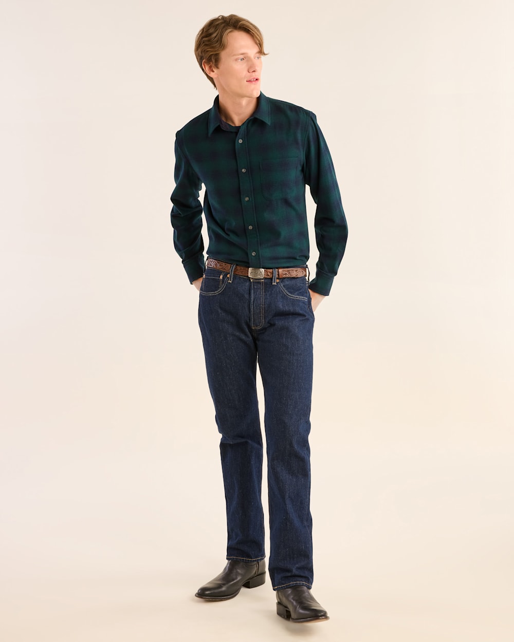 ALTERNATE VIEW OF MEN'S PLAID MERINO LODGE SHIRT IN GREEN/NAVY image number 4