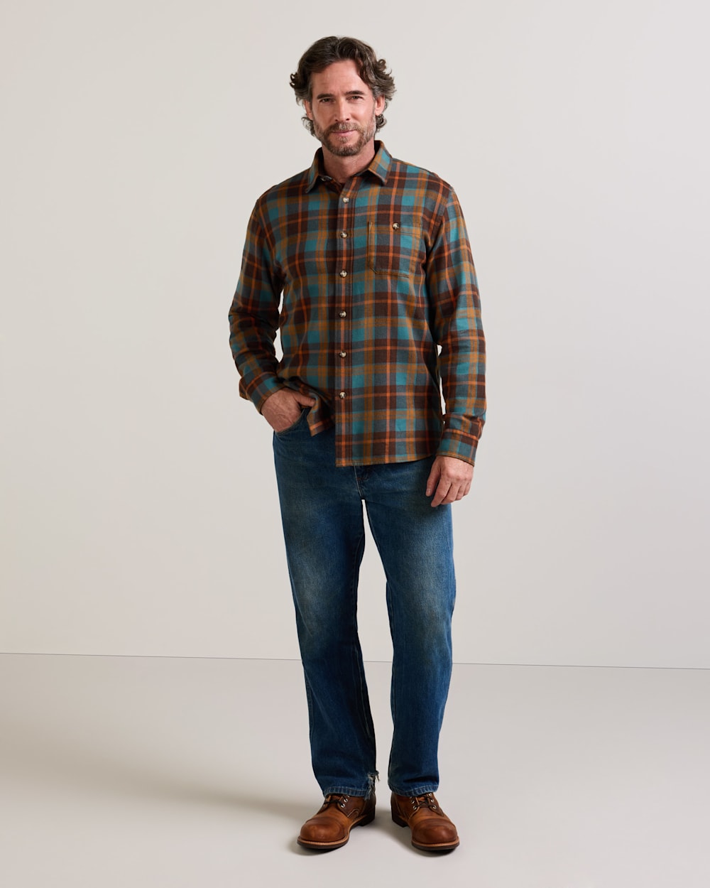 ALTERNATE VIEW OF MEN'S PLAID COTTON FREMONT FLANNEL SHIRT IN SEA BLUE/BROWN image number 2
