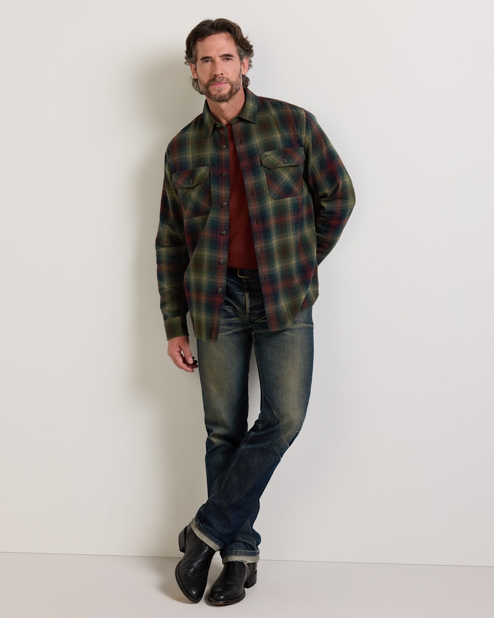 ALTERNATE VIEW OF MEN'S PLAID BURNSIDE COTTON FLANNEL SHIRT IN GREEN MULTI PLAID image number 2
