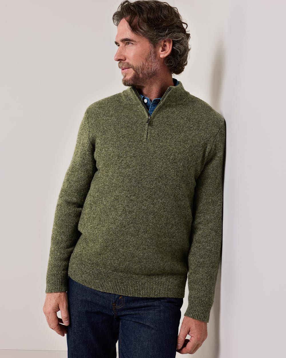 MEN'S SHETLAND COLLECTION QUARTER-ZIP SWEATER IN OLIVE HEATHER image number 1