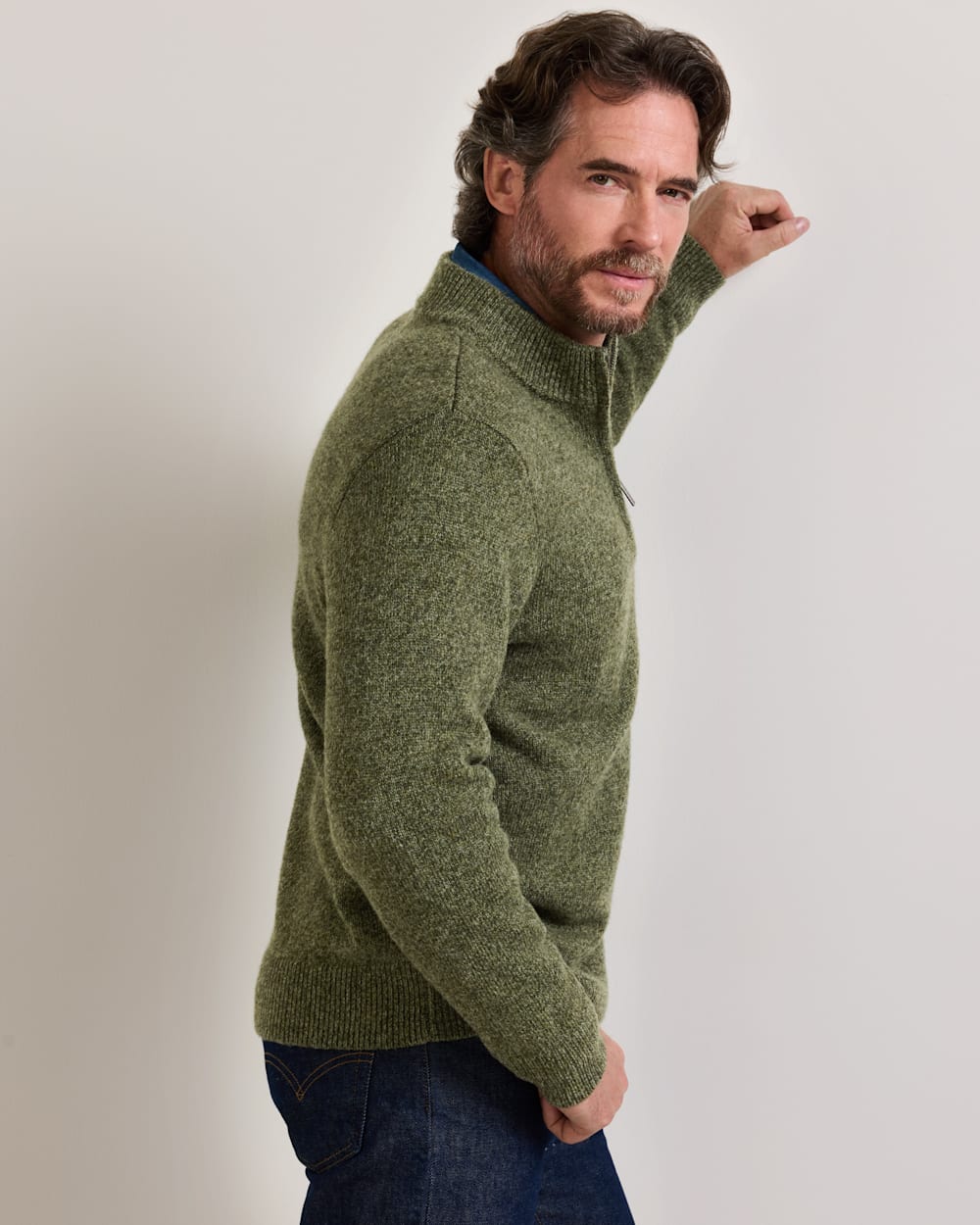 ALTERNATE VIEW OF MEN'S SHETLAND COLLECTION QUARTER-ZIP SWEATER IN OLIVE HEATHER image number 3