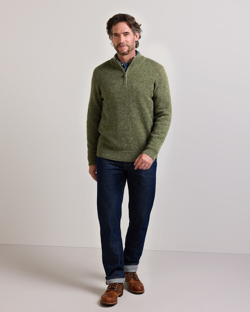 ALTERNATE VIEW OF MEN'S SHETLAND COLLECTION QUARTER-ZIP SWEATER IN OLIVE HEATHER image number 5