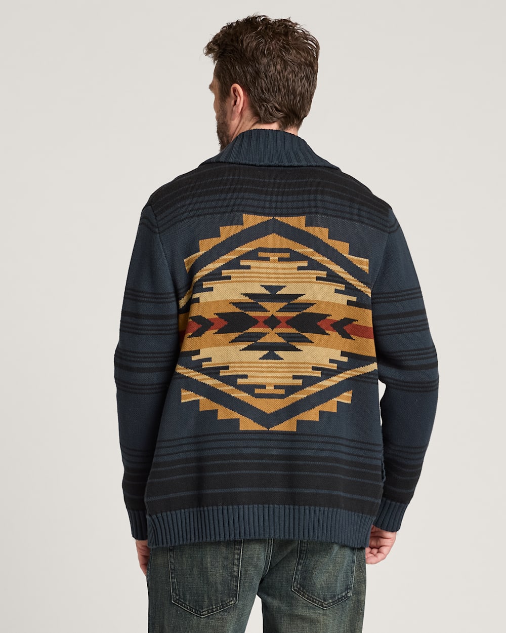 ALTERNATE VIEW OF MEN'S TUMALO RIDGE COTTON CARDIGAN IN NAVY/RUST image number 2