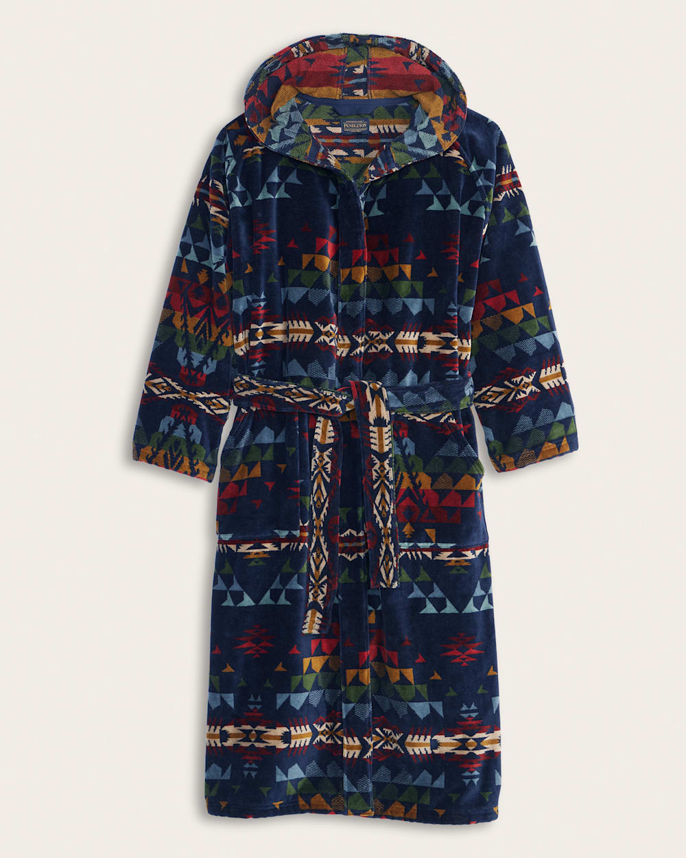 UNISEX AUTUMN BIRCH COTTON TERRY VELOUR BATHROBE IN NAVY MULTI image number 1
