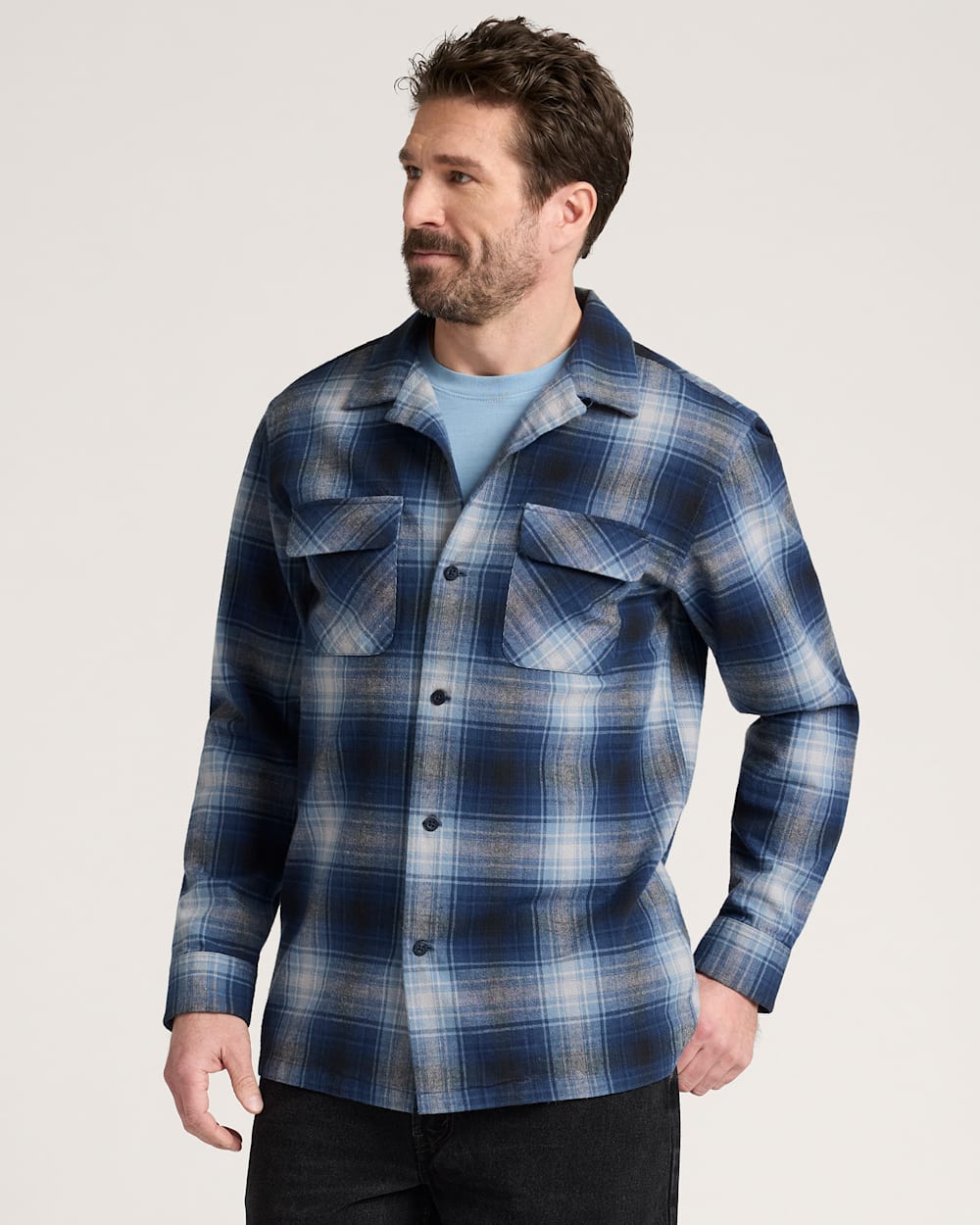 ALTERNATE VIEW OF LONG-SLEEVE PLAID COTTON BOARD SHIRT IN NAVY/GREY PLAID image number 5