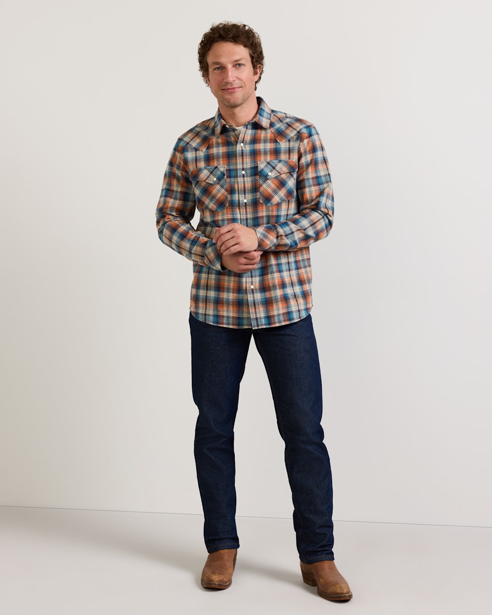 ALTERNATE VIEW OF MEN'S PLAID SNAP-FRONT WYATT COTTON SHIRT IN BLUE/OCHRE image number 7