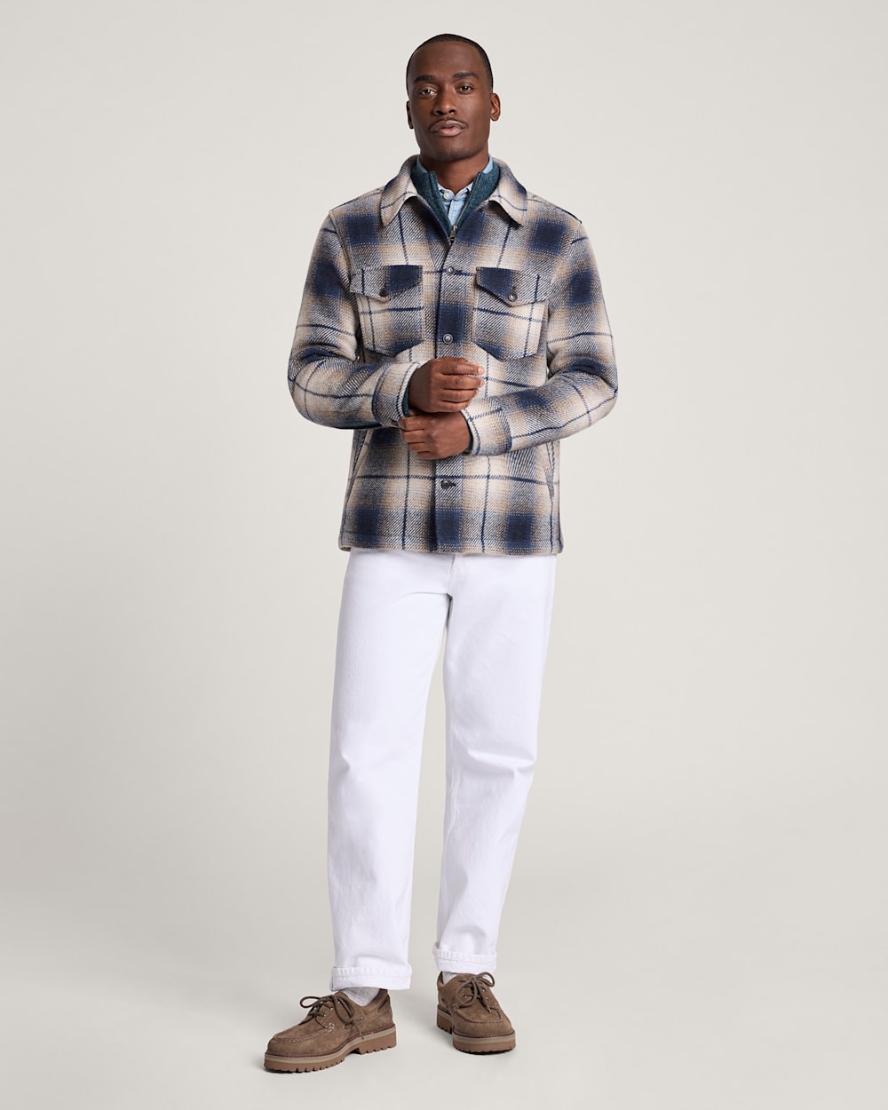 ALTERNATE VIEW OF MEN'S PLAID WOOL LAWSON COAT IN NAVY/TAUPE MIX image number 6