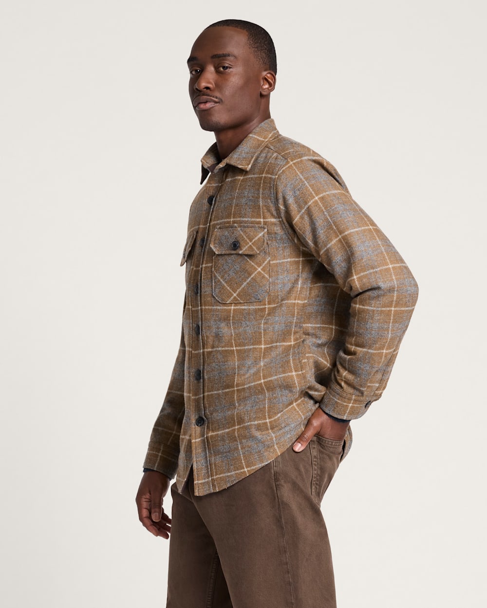 ALTERNATE VIEW OF MEN'S PLAID QUILTED CPO JACKET IN TAN/GREY MIX image number 3