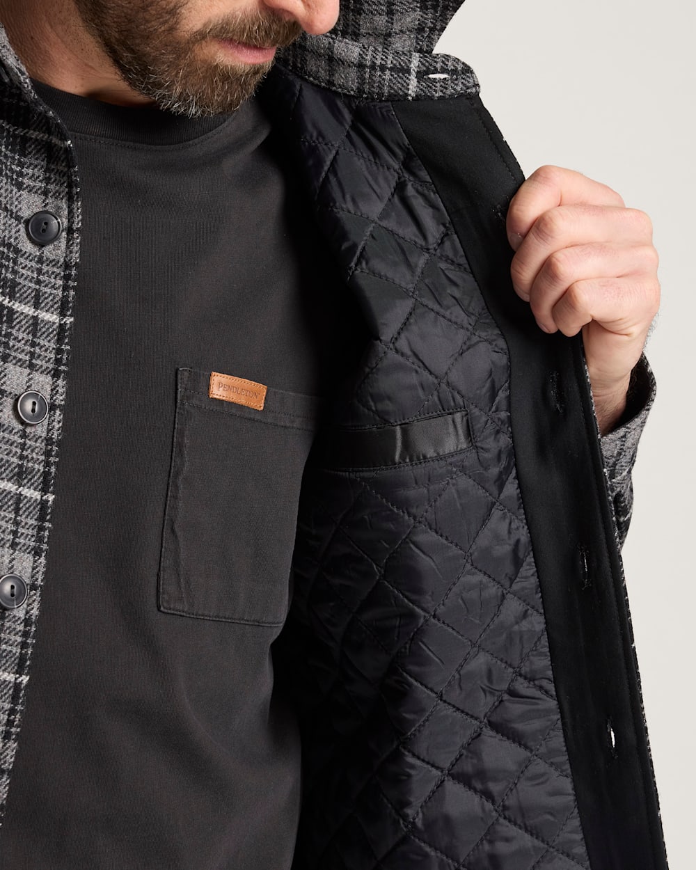ALTERNATE VIEW OF MEN'S PLAID QUILTED CPO JACKET IN BLACK/GREY MIX image number 5