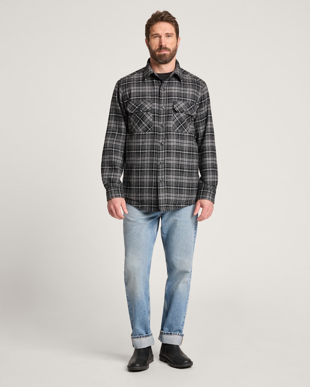 ALTERNATE VIEW OF MEN'S PLAID QUILTED CPO JACKET IN BLACK/GREY MIX image number 6
