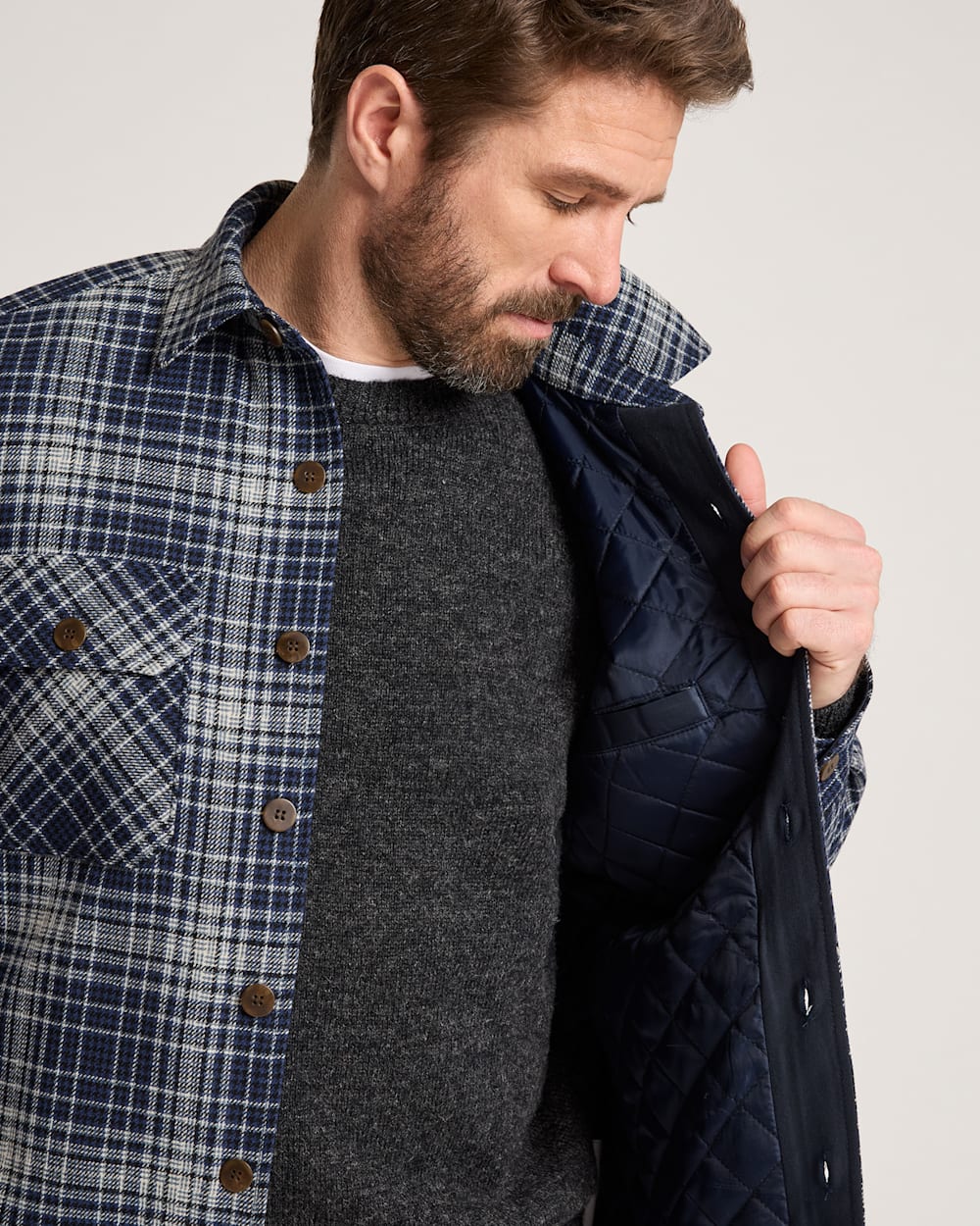 ALTERNATE VIEW OF PLAID QUILTED CPO JACKET IN NAVY GLEN OMBRE image number 5