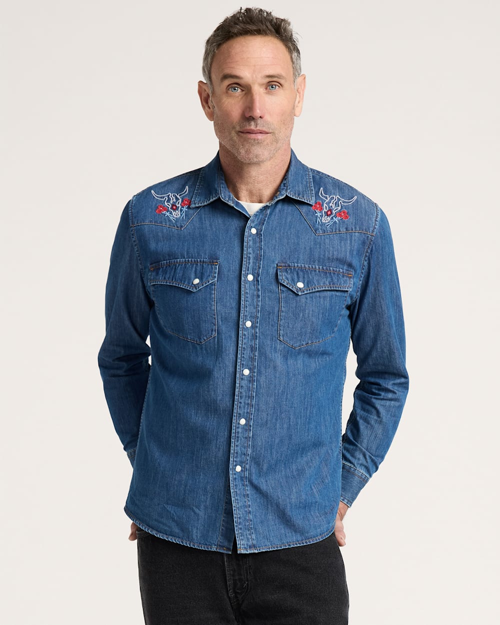 MEN'S BISON EMBROIDERED DENIM GAMBLER SHIRT IN MEDIUM BLUE/BISON image number 1