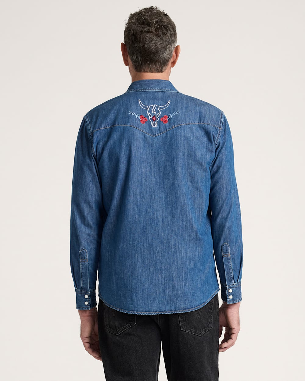 ALTERNATE VIEW OF MEN'S BISON EMBROIDERED DENIM GAMBLER SHIRT IN MEDIUM BLUE/BISON image number 2