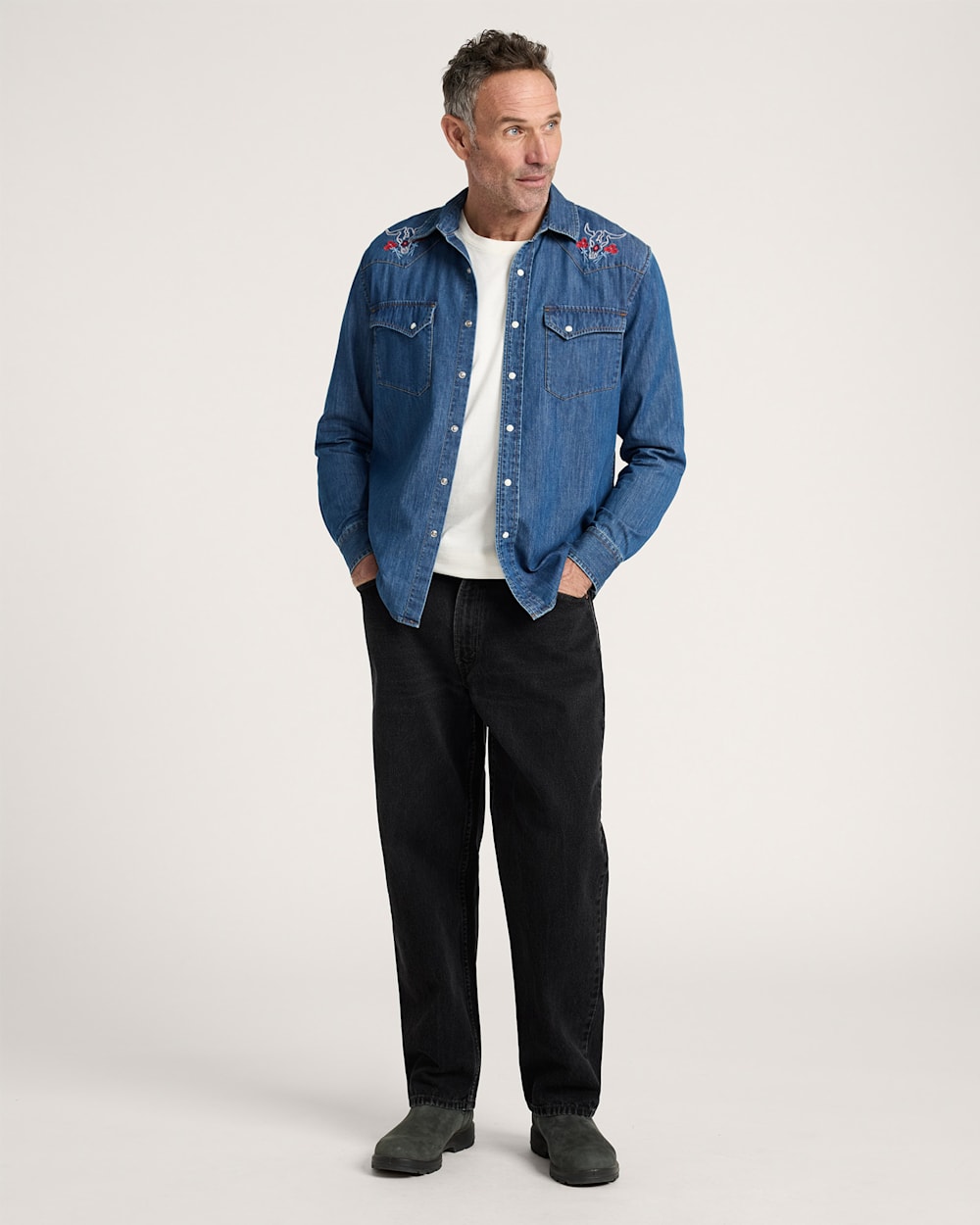 ALTERNATE VIEW OF MEN'S BISON EMBROIDERED DENIM GAMBLER SHIRT IN MEDIUM BLUE/BISON image number 6