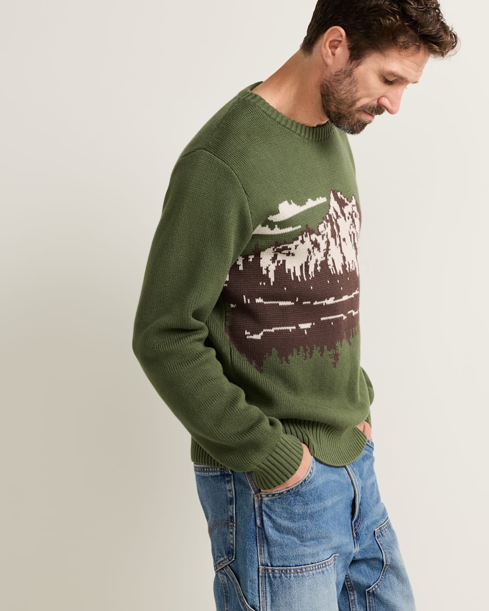 ALTERNATE VIEW OF MEN'S LAKE SCENE COTTON SWEATER IN GREEN/BROWN image number 3