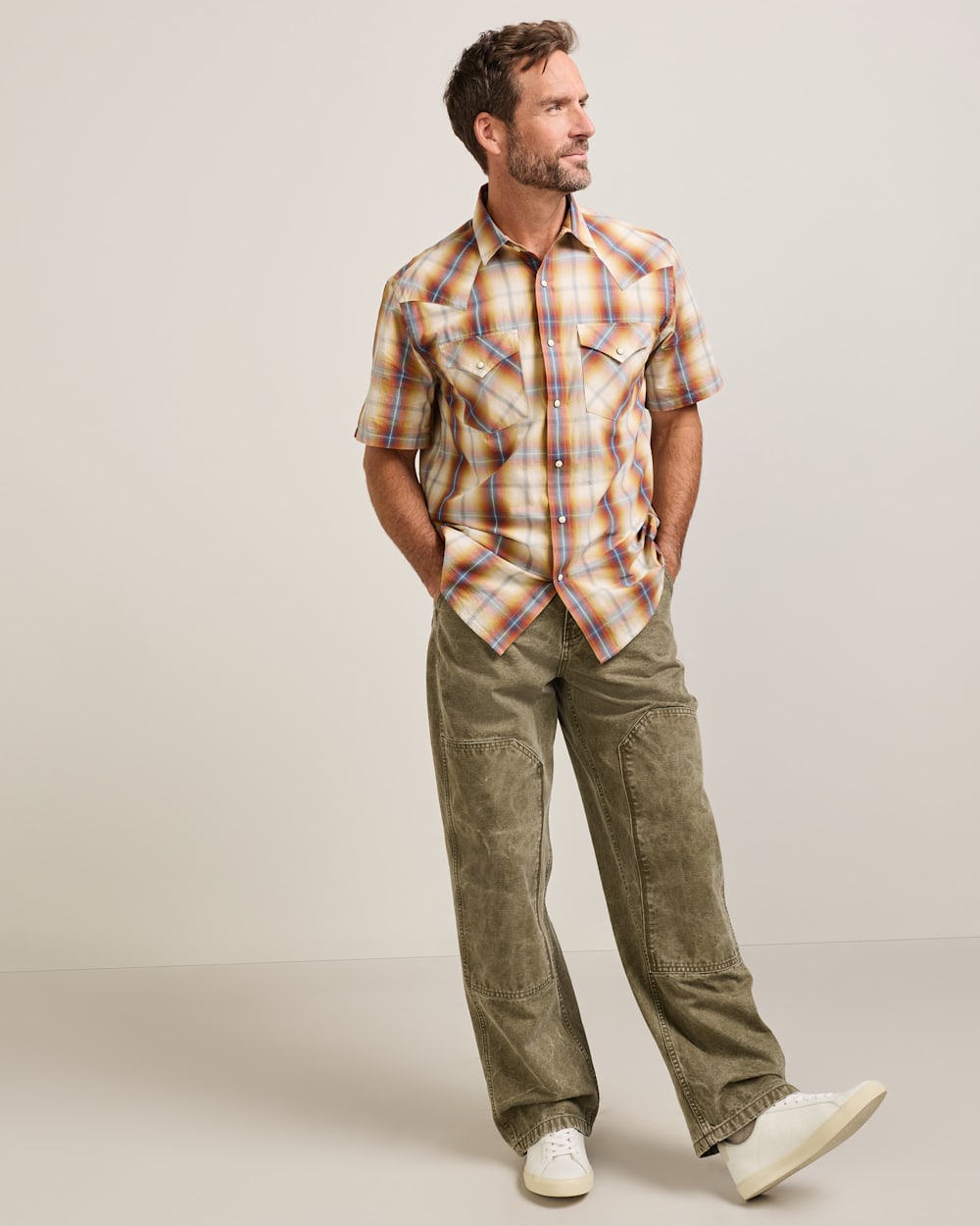 ALTERNATE VIEW OF MEN'S SHORT-SLEEVE PLAID FRONTIER SHIRT IN TAN/BLUE/RUST image number 6