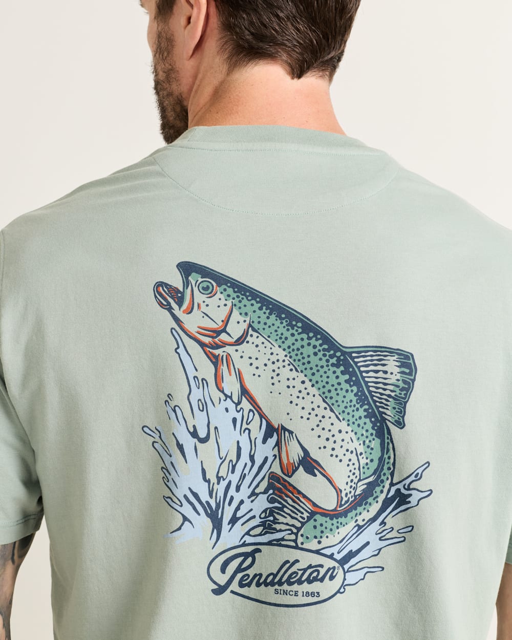 ALTERNATE VIEW OF MEN'S SHORT-SLEEVE DESCHUTES SALMON GRAPHIC TEE IN SAGE GREEN/BLUE image number 5