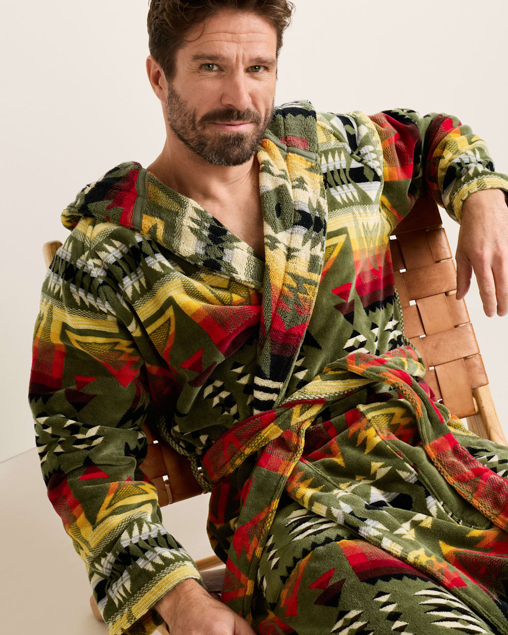 UNISEX PONDEROSA COTTON TERRY VELOUR BATHROBE IN GREEN MULTI image number 1