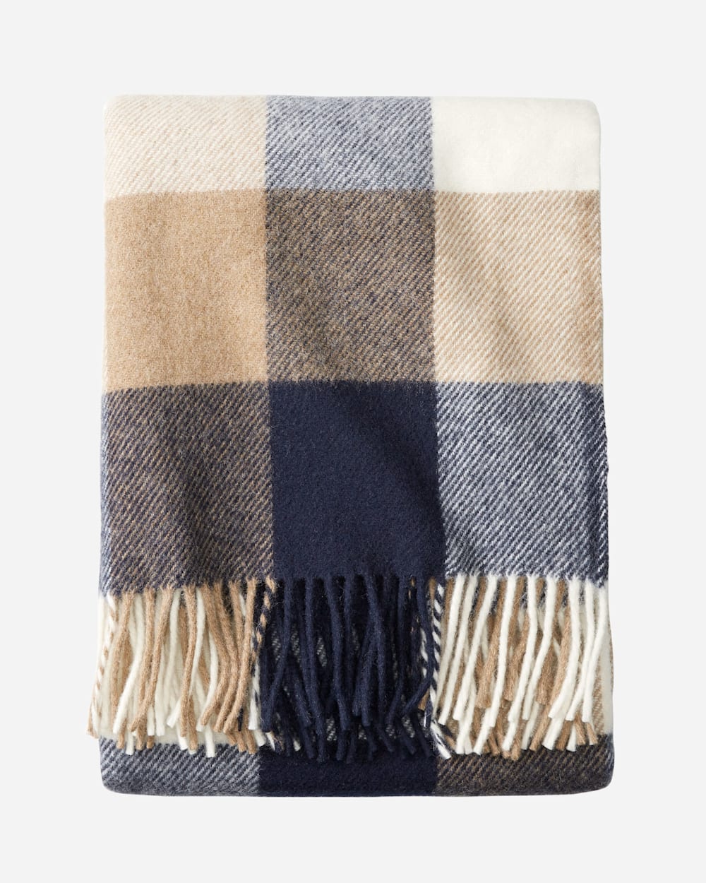 ECO-WISE WOOL FRINGED THROW IN NAVY/CAMEL image number 1
