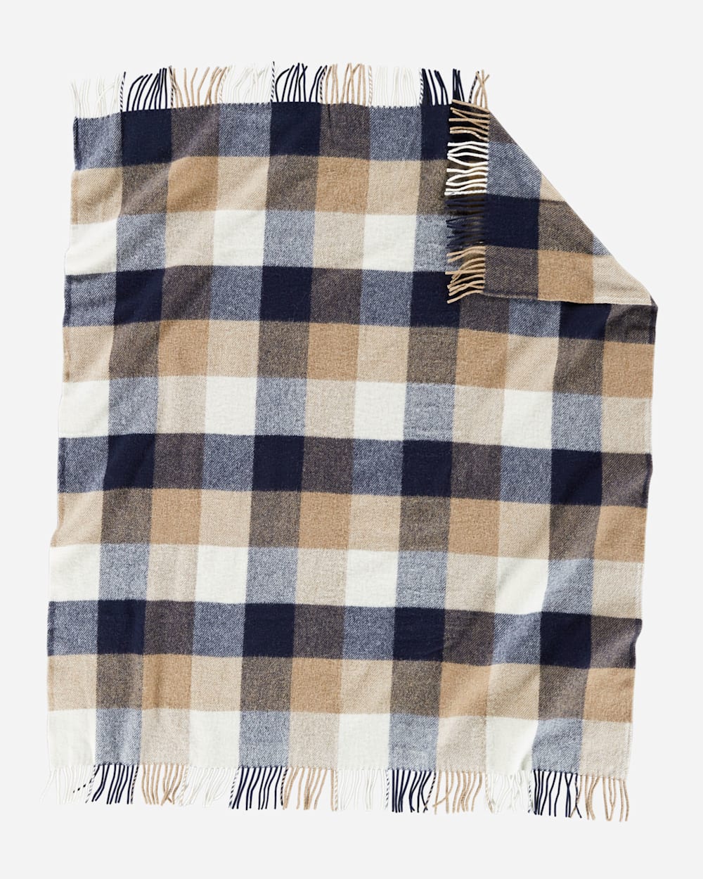 ALTERNATE VIEW OF ECO-WISE WOOL FRINGED THROW IN NAVY/CAMEL image number 2