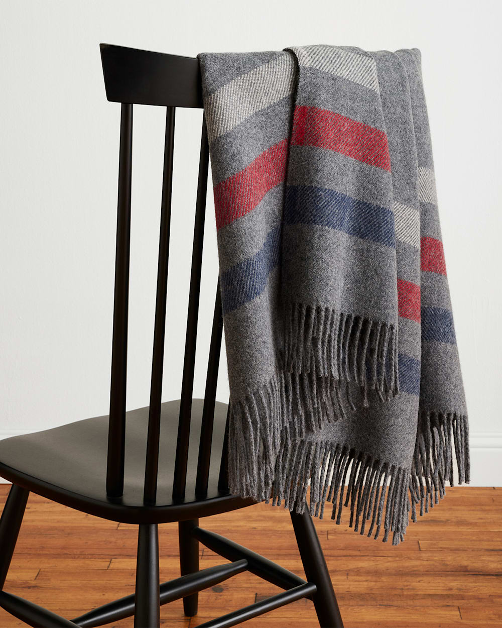 ALTERNATE VIEW OF ECO-WISE WOOL FRINGED THROW IN GREY STRIPE image number 3