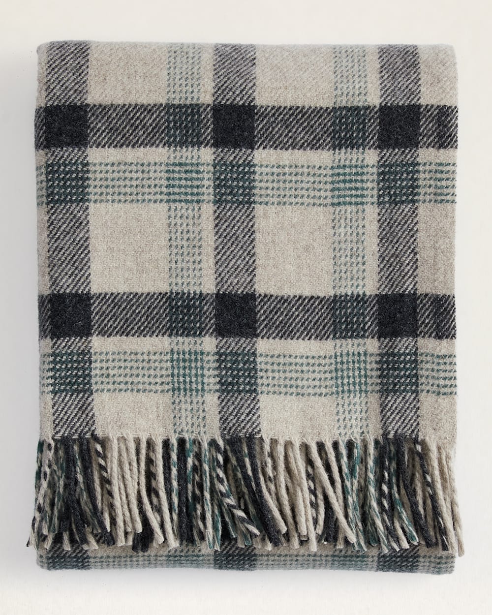 FOLDED VIEW OF ECO-WISE WOOL FRINGED THROW IN OAT KELSO PLAID image number 1