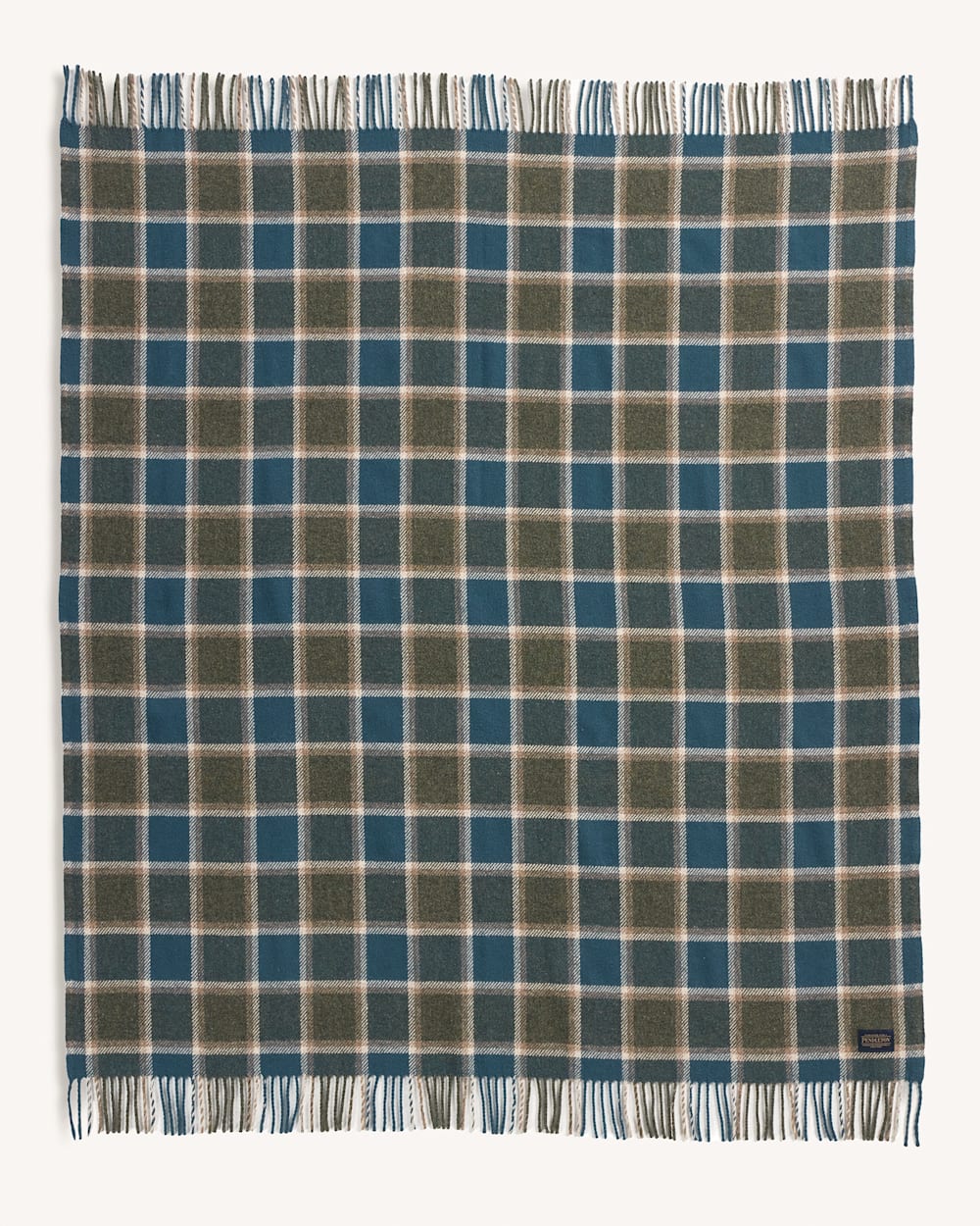 ALTERNATE VIEW OF ECO-WISE WOOL FRINGED THROW IN OLIVE/SEA BLUE CHECK image number 3