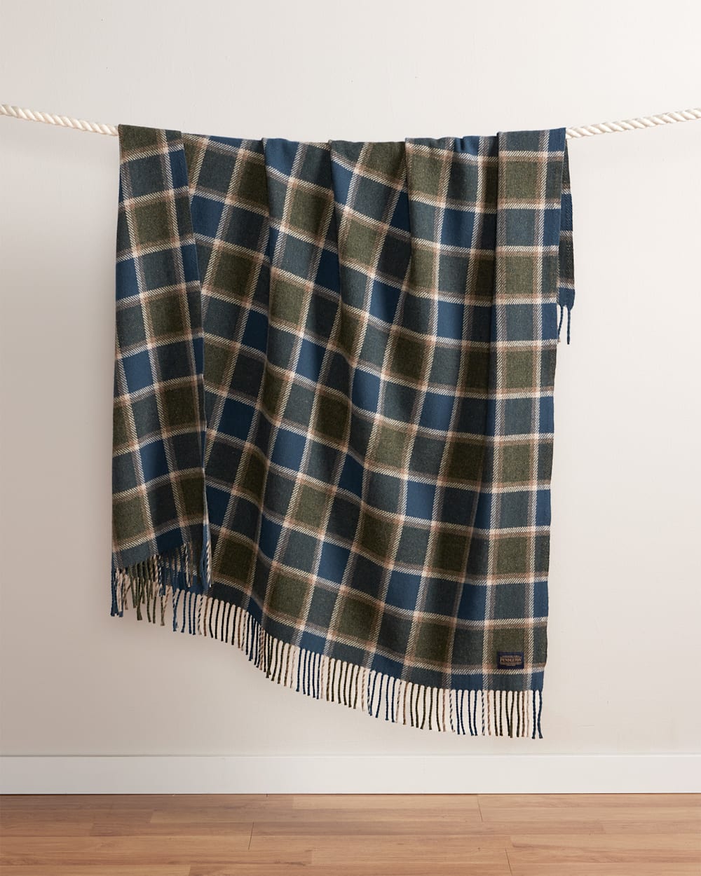 ALTERNATE VIEW OF ECO-WISE WOOL FRINGED THROW IN OLIVE/SEA BLUE CHECK image number 4