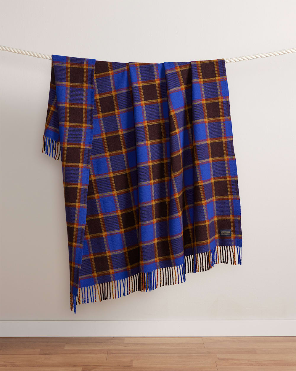 ALTERNATE VIEW OF ECO-WISE WOOL FRINGED THROW IN MAROON/BLUE CHECK image number 4