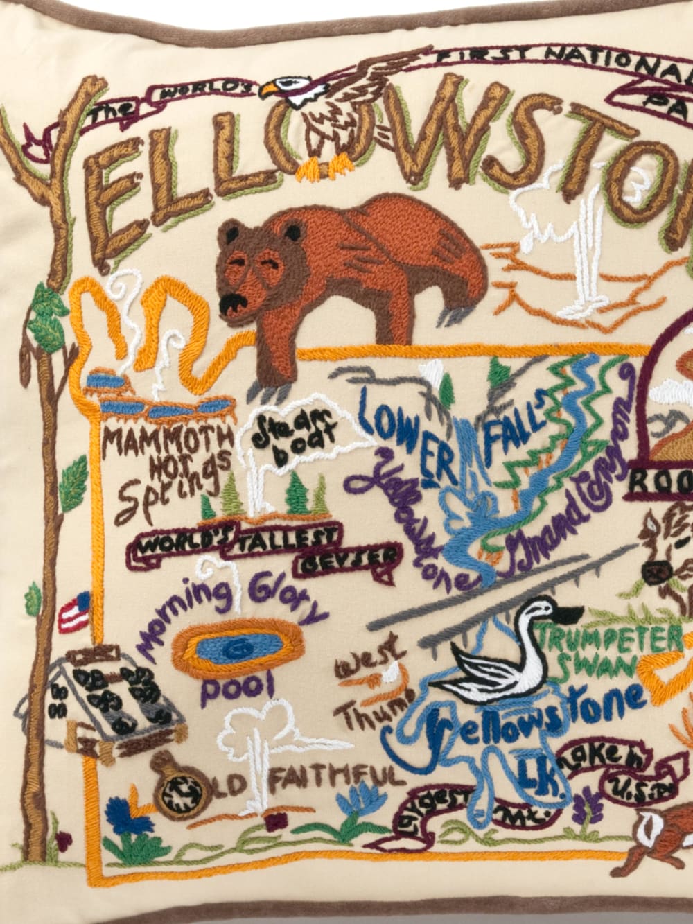 CLOSE UP VIEW OF YELLOWSTONE HAND EMBROIDERED PILLOW IN MULTI image number 2