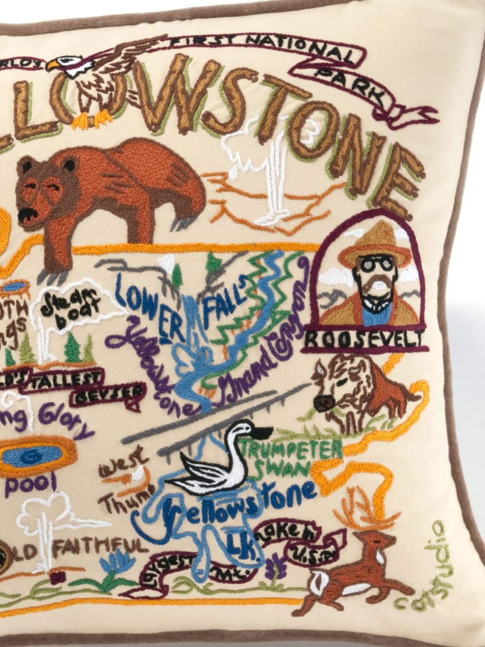 ZOOMED IN VIEW OF YELLOWSTONE HAND EMBROIDERED PILLOW IN MULTI image number 3