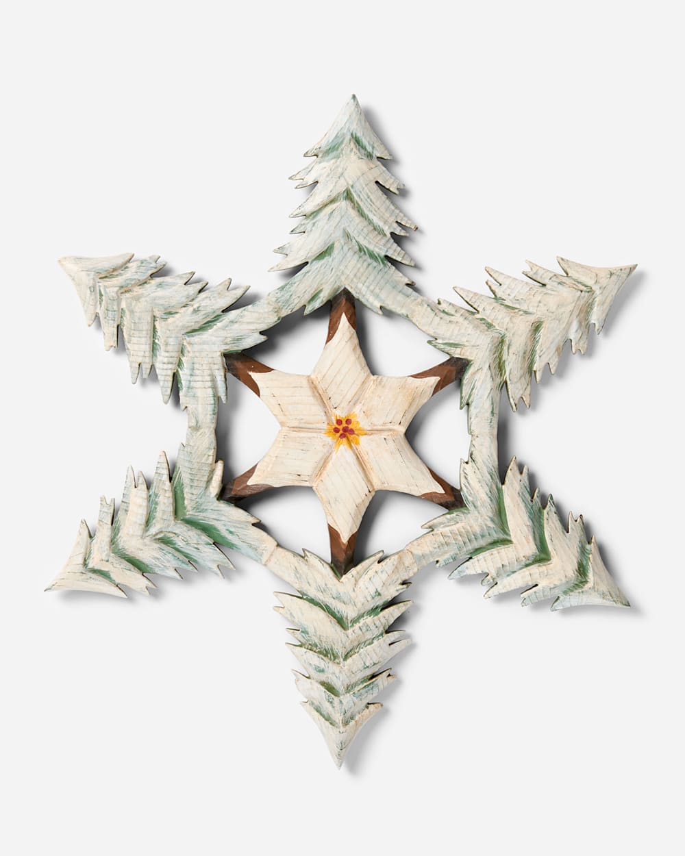 HAND CARVED SPRUCE TREE SNOWFLAKE IN EVERGREEN image number 1