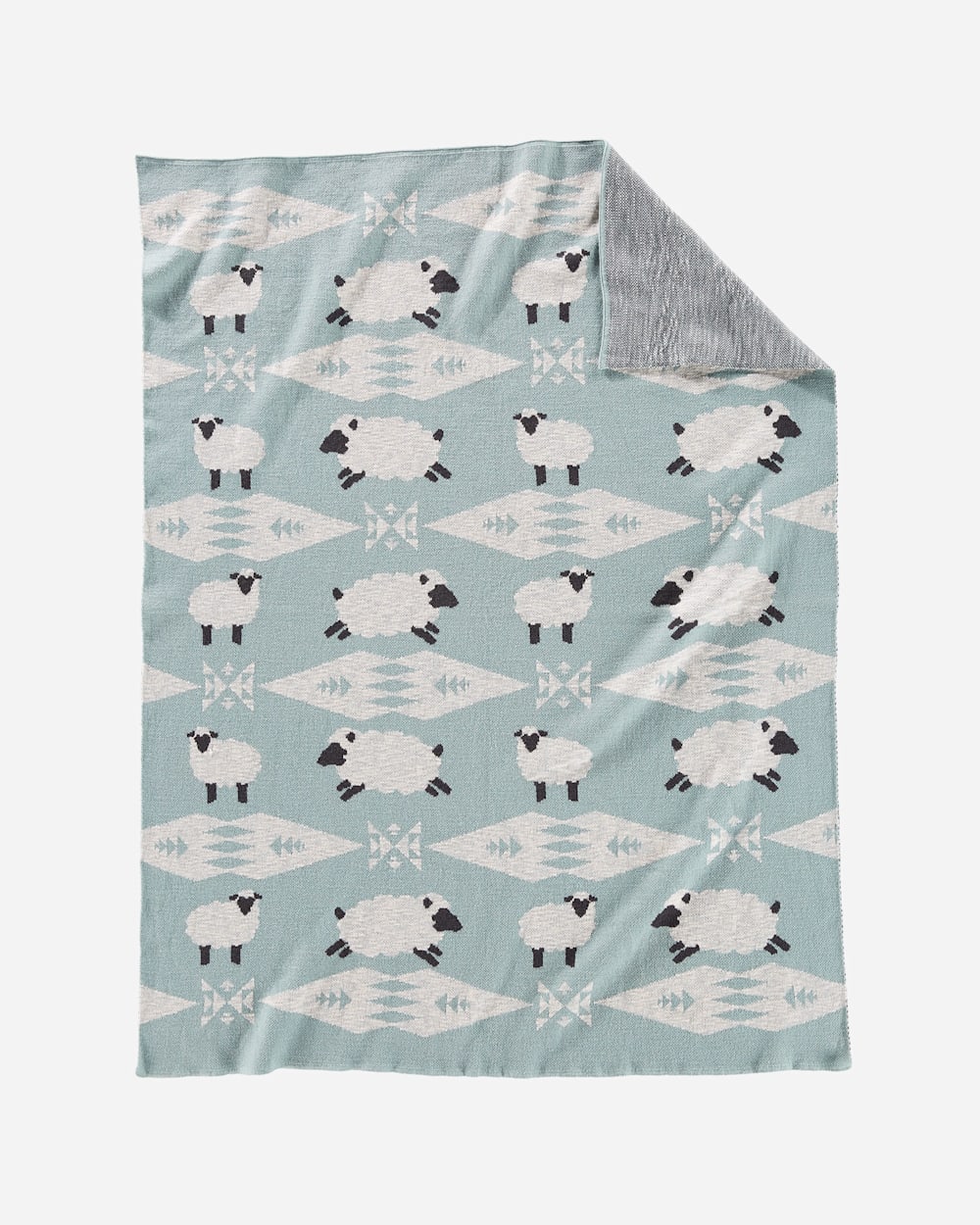 ALTERNATE VIEW OF KNIT BABY BLANKET WITH BEANIE IN SHEEP DREAMS BLUE/GREEN image number 2