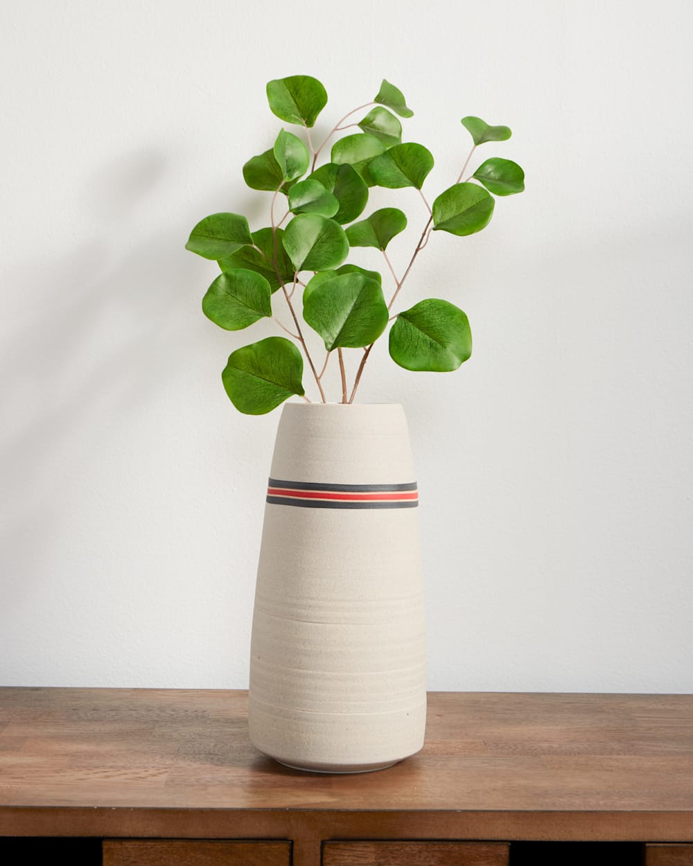 ALTERNATE VIEW OF HANDMADE STONEWARE & WOOD STEM VASE IN RED/BLACK STRIPE image number 2