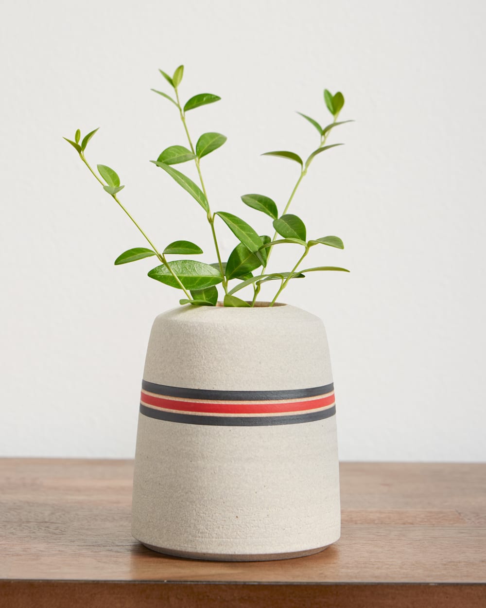 ALTERNATE VIEW OF HANDMADE STONEWARE & WOOD BUD VASE IN RED/BLACK STRIPE image number 2