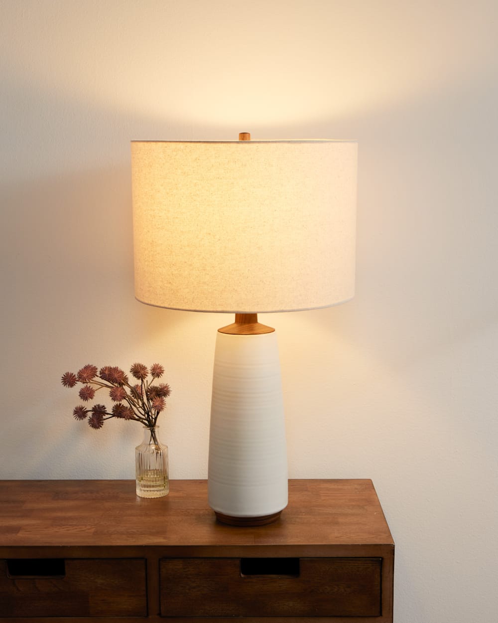 ALTERNATE VIEW OF HANDMADE STONEWARE & WOOD TABLE LAMP IN NATURAL image number 3