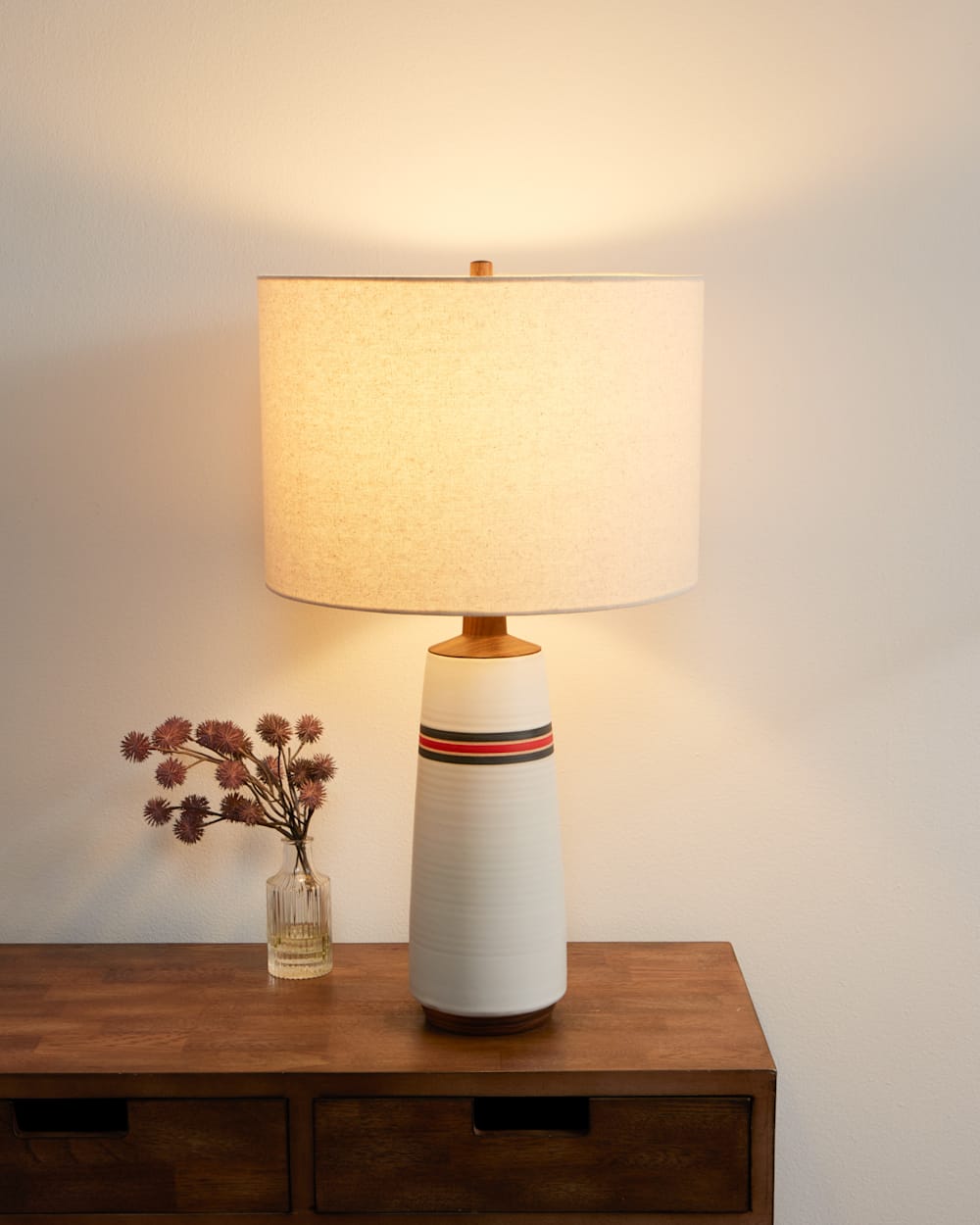 ALTERNATE VIEW OF HANDMADE STONEWARE & WOOD TABLE LAMP IN RED/BLACK STRIPE image number 3