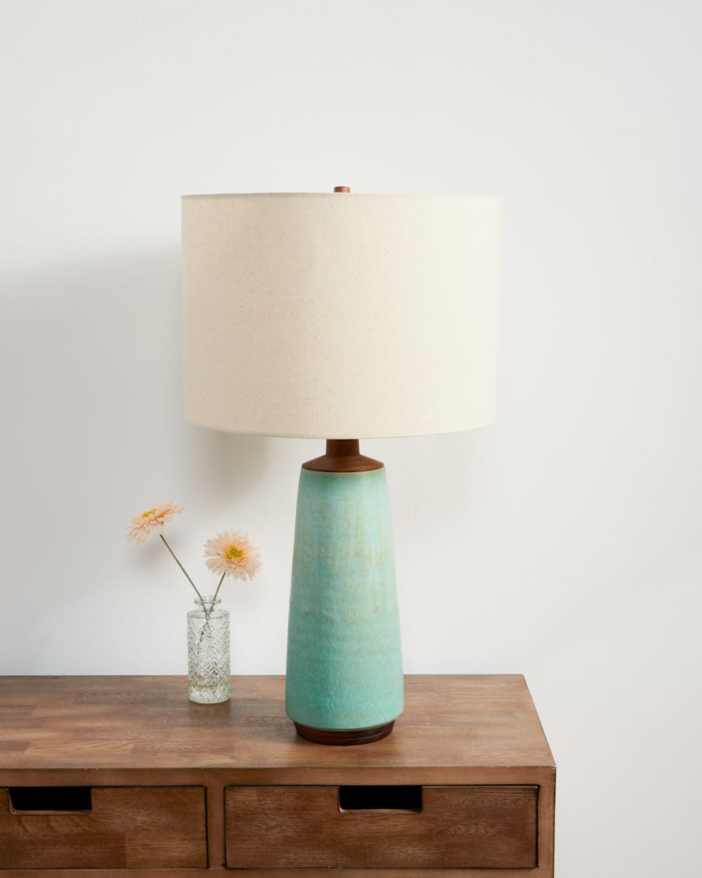 HANDMADE STONEWARE & WOOD TABLE LAMP IN SEAFOAM image number 1