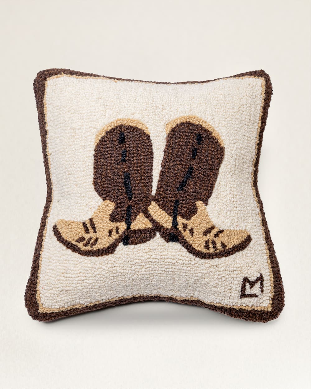 COWPOKE BOOTS HOOKED SQUARE PILLOW IN BROWN/CREAM image number 1