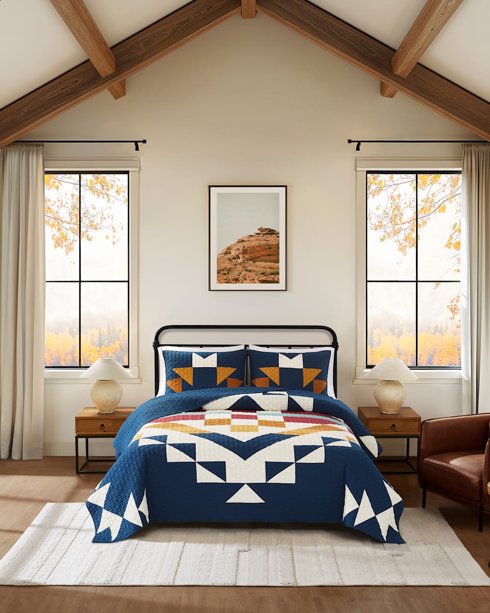 ALTERNATE VIEW OF CASTLE ROCK PIECED QUILT SET IN NAVY MULTI image number 6