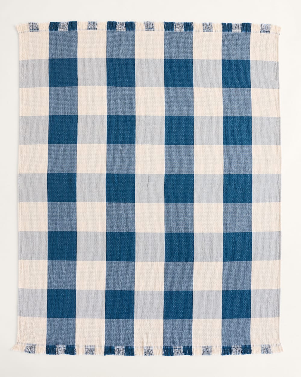 ALTERNATE VIEW OF BLOCK PLAID ORGANIC COTTON FRINGED THROW IN INDIGO/IVORY image number 2