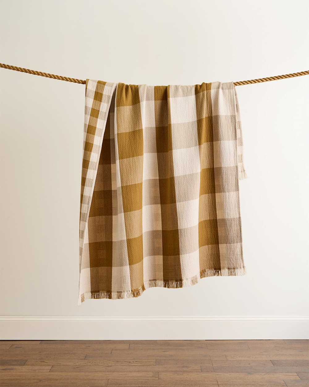 BLOCK PLAID ORGANIC COTTON FRINGED THROW IN OCHRE/IVORY image number 1