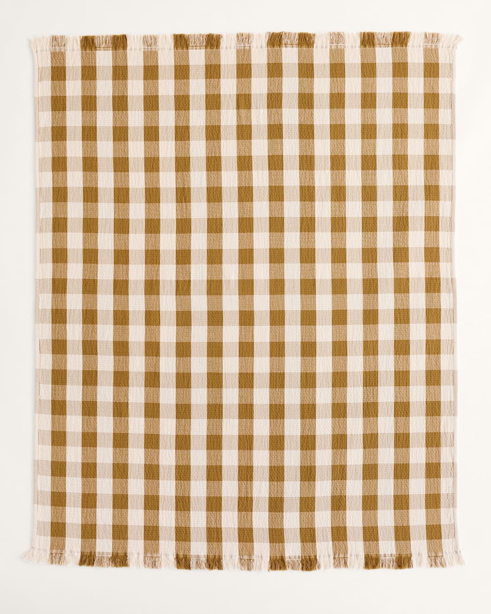ALTERNATE VIEW OF BLOCK PLAID ORGANIC COTTON FRINGED THROW IN OCHRE/IVORY image number 2