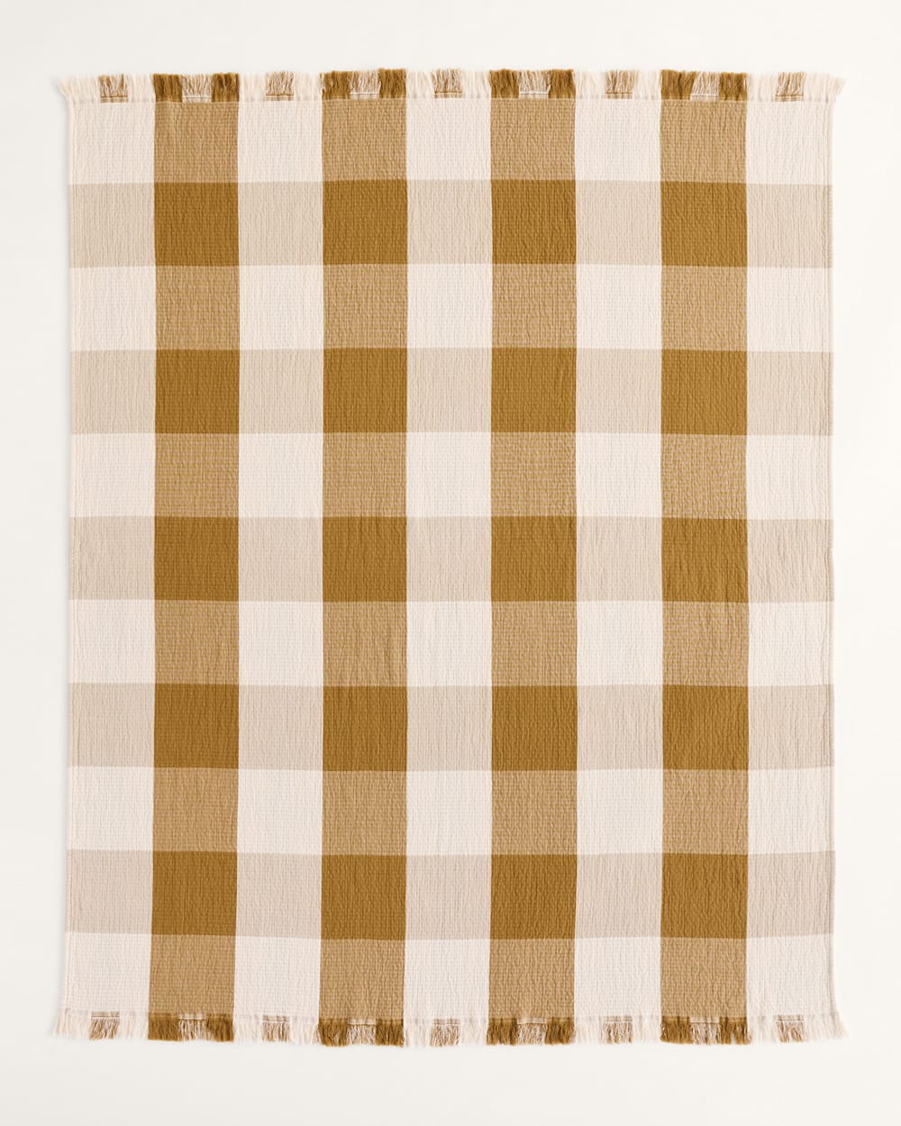 ALTERNATE VIEW OF BLOCK PLAID ORGANIC COTTON FRINGED THROW IN OCHRE/IVORY image number 3