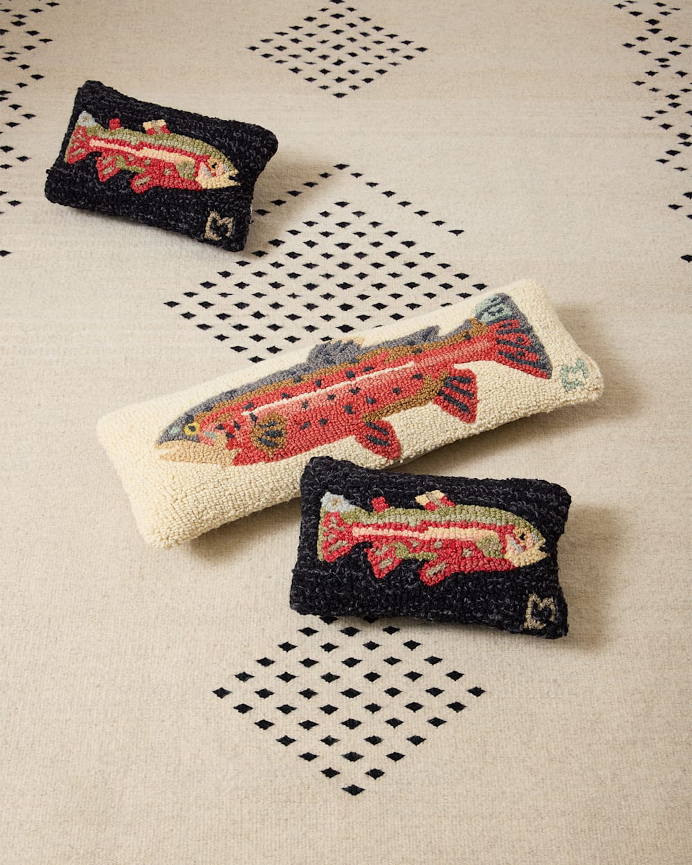 ALTERNATE VIEW OF TROUT HOOKED SMALL LUMBAR PILLOW IN MULTI image number 2